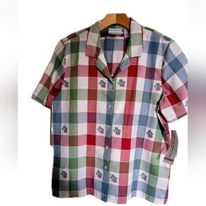 Alfred Dunner Checked Short-Sleeve Button-Up Shirt - Red, Green, Blue, Cream